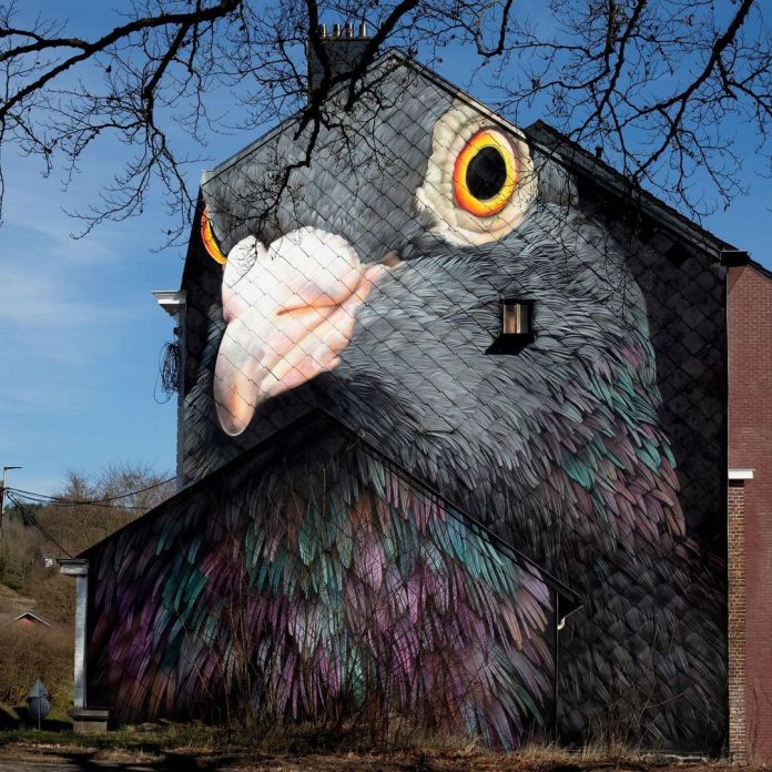 A massive hyper-realistic pigeon mural by Adele Renault in Stavelot, Belgium, seamlessly blending into the architecture of a sloped-roof house. The mural features intricate feather details with iridescent hues of purple, green, and blue. The pigeon’s large, bright orange eyes and sharply detailed beak create a striking illusion as if the bird is emerging from the building. A small window on the house is cleverly integrated into the artwork, resembling a natural part of the pigeon’s features. The surrounding leafless tree branches frame the mural against a clear blue sky.