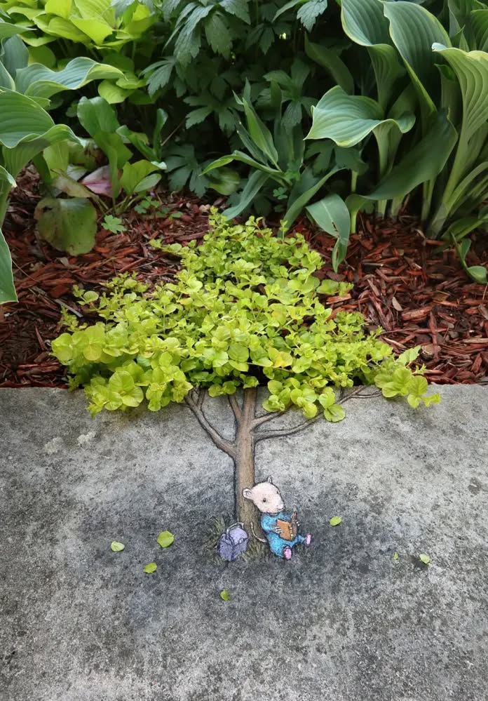 Sidewalk art by David Zinn in the USA featuring a small mouse named Nadine sitting under a painted tree with a book in hand. The foliage is made of real chartreuse-green plant leaves spilling over the edge, seamlessly blending illustration and nature.