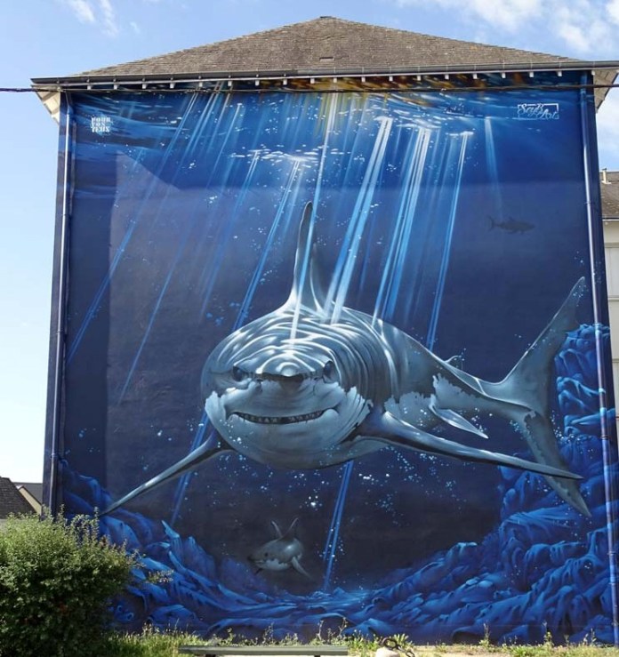 Large 3D-style mural by SEYB in Indre-et-Loire, France, depicting a great white shark swimming forward in an underwater scene with light rays and smaller sharks in the background.