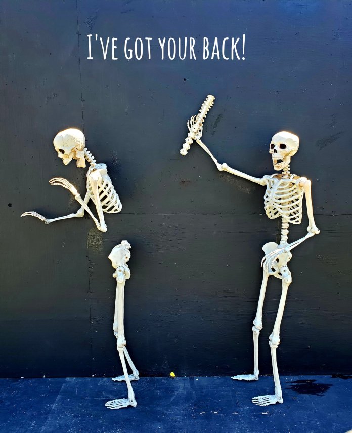 "I’ve Got Your Back" by ItSkeletal – A skeleton hands another its missing spine, turning the phrase into a literal, darkly humorous visual. A playful and witty piece of skeleton street art against a dark backdrop.