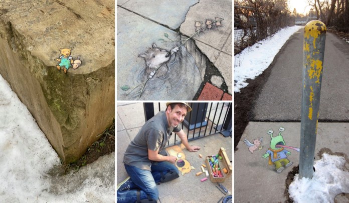 A collage showcasing the whimsical chalk art of David Zinn. Top-left image: A small bear and a mouse sit on the edge of a snowy stone, appearing to relax. Top-center image: A wolf in water reaches up with a stick to save three mice clinging to it, drawn on a cracked sidewalk. Top-right image: A green alien with a scarf sticks its tongue out near a pole, accompanied by a flying pig holding a teacup, drawn on a snowy path. Bottom-left image: David Zinn smiles while kneeling, actively working on a chalk drawing of a bear on the sidewalk, surrounded by colorful chalks and tools. This collection emphasizes Zinn's creativity in transforming everyday spaces into charming works of art.