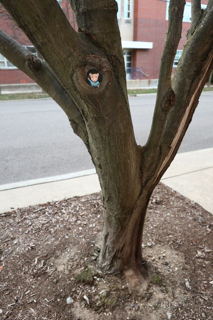 A whimsical tree painting by David Zinn titled "Nadine and the High Rise Pied-à-terre." The artwork is nestled within a natural knot of the tree, depicting a small, cheerful creature with a tuft of dark hair and wearing a blue outfit, peeking out as if residing inside the trunk. The setting features the tree with its textured bark in the foreground, surrounded by mulch at its base and a sidewalk and brick building blurred in the background, creating a playful interaction between the art and its urban environment.