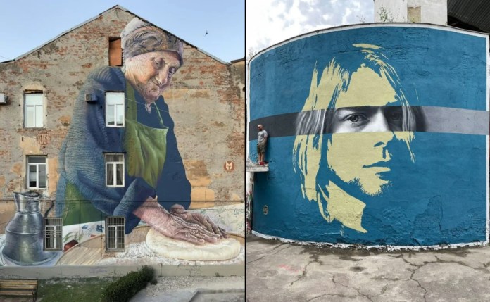 Split-image of two murals by Sasha Korban. On the left, an elderly woman in a green apron kneads dough outside a rustic brick building in Kutaisi, Georgia. On the right, a stylized portrait of Kurt Cobain in yellow and grayscale is painted on a rounded blue wall in Sumy, Ukraine, with a man standing on scaffolding beside it.