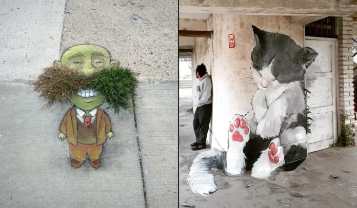 Split image of two street art pieces: on the left, a sidewalk artwork by David Zinn shows a small green cartoon character with a monocle and tufts of real grass forming a comically large mustache; on the right, a mural by WA in Lima, Peru, depicts a sleeping black-and-white kitten with pink paw pads, wrapped around a building column.