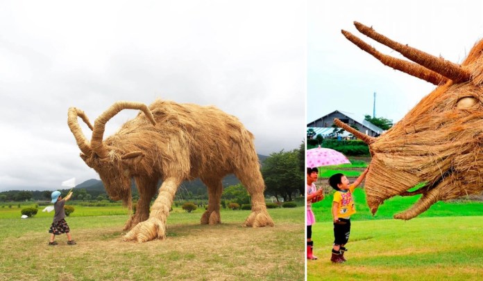 A composite image from the Wara Art Festival in Niigata, Japan. On the left, a child interacts with a giant straw sculpture of a Capricorn, featuring intricate horns and a strong stance in a green field. On the right, children engage with a detailed triceratops-shaped straw sculpture, highlighting the festival's creativity and interactive appeal. The vibrant landscape and natural surroundings enhance the setting.