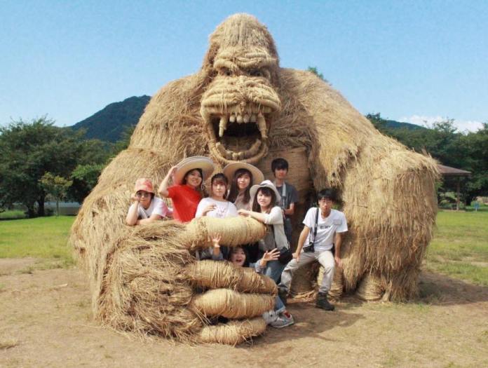 A giant straw sculpture of a gorilla at the Wara Art Festival in Niigata, Japan. The gorilla has an open mouth and expressive features, holding a group of visitors in its large hand for a fun photo opportunity. The green field and blue sky provide a vibrant backdrop to this interactive and striking sculpture.