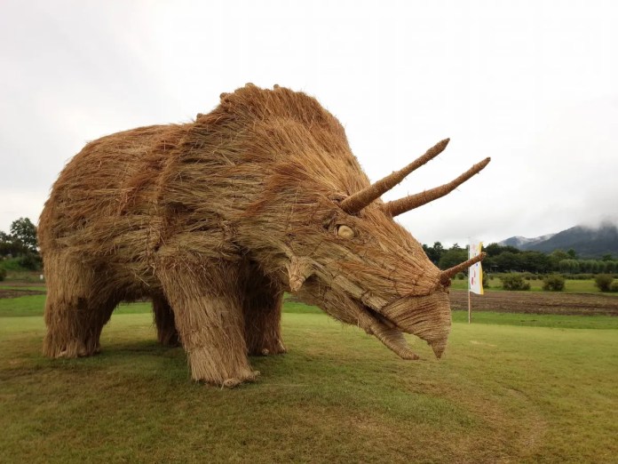 A giant straw sculpture of a triceratops at the Wara Art Festival in Niigata, Japan. The sculpture features detailed horns, a frill, and a textured body, set on a grassy field with a cloudy sky and distant mountains in the background. This impressive artwork showcases the festival's creativity and craftsmanship.