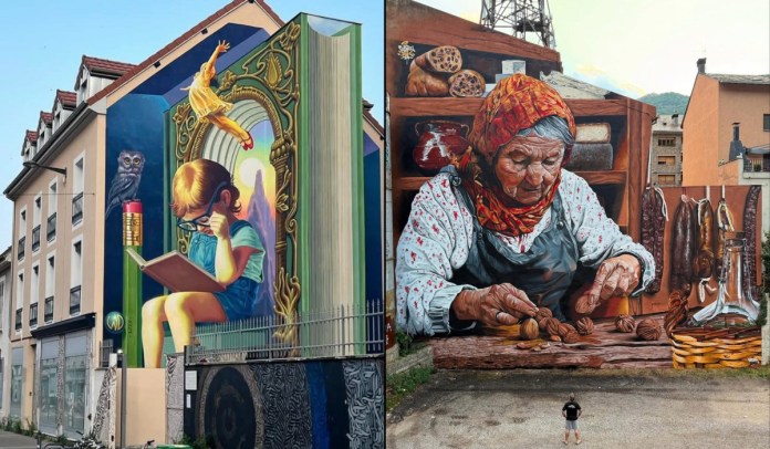 Split image of two large-scale murals. Left side: A mural of a child reading a book while sitting on a pencil, with a giant book forming an arched portal. A girl jumps from the book, and an owl watches nearby. Painted on a building wall in Grenoble, France by WD (Wild Drawing). Right side: A hyperrealistic mural of an elderly woman in a headscarf cracking walnuts at a wooden table, surrounded by shelves filled with bread, sausages, cheese, and pottery. Painted on a tall wall in Sort, Spain by Ceser87.