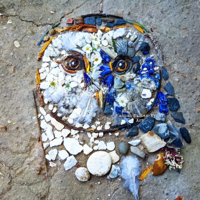 An ephemeral artwork by Hannah Bullen-Ryner depicting a barn owl, crafted from a variety of natural materials arranged on the ground. The owl’s face features expressive eyes made from small stones and delicate details, capturing its curious gaze. Crushed chalk fragments form the owl’s soft white feathers, giving texture to its rounded face, while blue petals and other natural elements add depth to the plumage around its eyes. Twigs outline the head, framing the composition, and carefully selected rocks and petals bring this lifelike depiction to life. The organic materials enhance the artwork’s connection to nature, creating a momentary but enchanting portrayal of the barn owl.