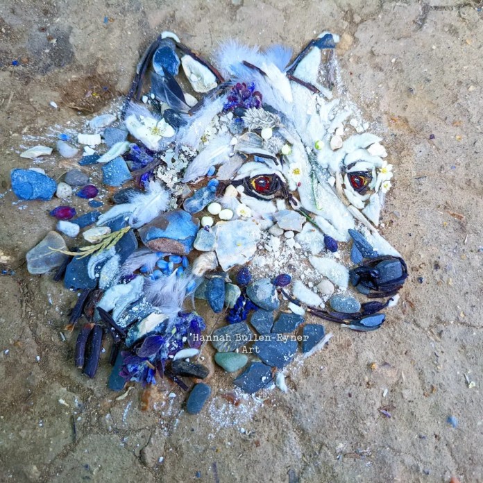 An ephemeral artwork by Hannah Bullen-Ryner portraying a gentle wolf, crafted from natural materials arranged on the ground. The wolf’s face is intricately detailed with small stones, feathers, and flower petals in shades of blue, white, and soft earth tones, creating a calming and kind expression. Its soulful eyes are crafted from dark stones and surrounded by delicate textures, capturing a sense of wisdom and tranquility. The combination of organic elements brings this soothing portrayal to life, reflecting the artist’s intent to create a piece that conveys calm and healing.