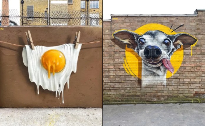 Split image showing two hyper-realistic street art murals by WOSKerski. On the left, a surreal mural of a fried egg shaped like a white t-shirt hangs from a clothesline with wooden pegs, dripping yolk onto the pavement, painted against a brown wall. On the right, a humorous mural of a dog with bulging eyes and its tongue sticking out, set against a bright yellow circle, painted on a brick wall. The dog's expression is exaggerated and playful, with a drop of drool visible at the chin.