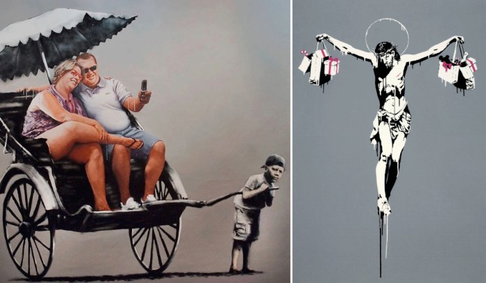 A side-by-side comparison of two Banksy artworks. On the left, Fat Tourist and Rickshaw depicts an overweight couple lounging in a rickshaw pulled by a struggling young boy, highlighting social inequality and exploitation. On the right, Christ with Shopping Bags shows a crucified figure of Christ holding shopping bags filled with Christmas-themed items, critiquing the commercialization of religious traditions. Both pieces reflect Banksy’s commentary on capitalism and consumerism.