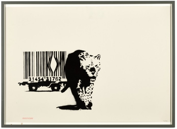 A stencil artwork titled "Barcode Leopard" by Banksy, featuring a leopard walking away from a cage represented as a barcode mounted on wheels. The minimalist black-and-white composition critiques capitalism and consumerism by symbolizing the commodification of nature and wildlife. The barcode includes visible numbers "31454 31762," adding a satirical touch to the imagery.
