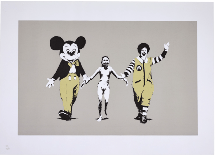 Banksy’s artwork Napalm features a provocative scene of Mickey Mouse and Ronald McDonald holding hands with a distressed, naked child modeled after the iconic photograph of Kim Phúc from the Vietnam War. The stark contrast between corporate mascots and the child's pain critiques the exploitation and indifference of capitalism.