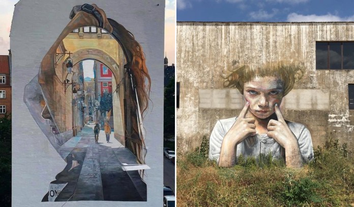 Combined image of two murals by Cristian Blanxer. On the left, a mural in Aarhus, Denmark, depicts a woman’s silhouette framing a vibrant street scene, inviting viewers into a journey through an urban landscape. On the right, 'Mala Hierba...' in Aracena, Spain, features a young girl with a fierce expression, pressing her fingers into her cheeks against the backdrop of an aged, textured wall. The contrast between introspection and intensity in these artworks highlights Blanxer’s diverse approach to capturing emotion and urban life.