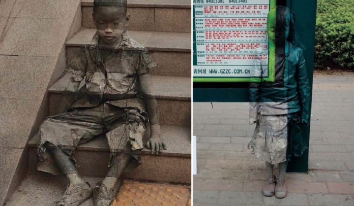 composite image from UNICEF China’s 2008 “Invisibility of Poverty” campaign. On the left, a young boy sits on stone steps, his body painted to seamlessly blend with his surroundings, making him almost invisible. His tattered clothing and downcast expression convey the hardships of homelessness, with a nearby sign reading “不要忽略我” (“Don’t ignore me”), urging awareness of over 1.5 million underprivileged children in China. On the right, a girl stands camouflaged against a bus stop, her painted body symbolizing how poverty renders children unseen in urban environments. The artwork combines striking visuals with a call for empathy and action.