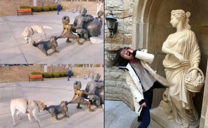 funny statue interactions, playful public art, people posing with statues, humorous sculpture photos, statue photo illusions, interactive street art, creative statue photography, statue pranks, art humor, spontaneous public art, street art with statues, funny tourist photos, statue engagement, posing with sculptures, clever statue moments