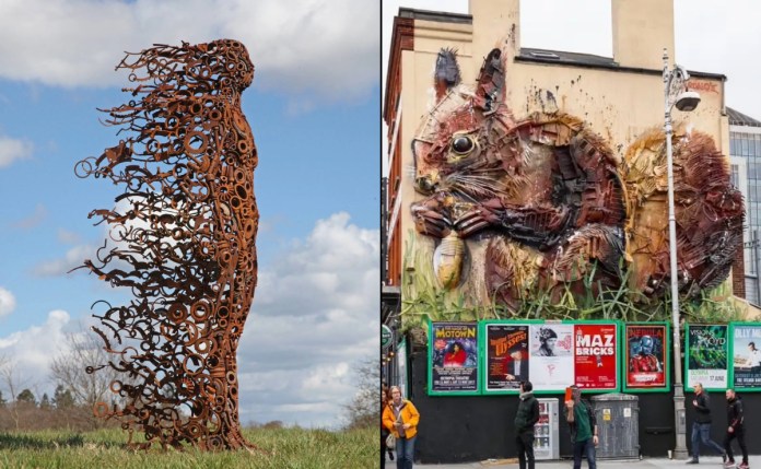Split image showing two striking recycled metal sculptures. On the left, a rust-colored human figure made from gears and mechanical scrap appears to dissolve into the wind, standing on grass under a cloudy sky. On the right, a giant red squirrel made from discarded metal and trash clings to the side of a city building in Dublin, Ireland, surrounded by posters and urban structures.