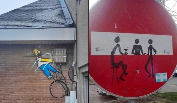 Split image showing two examples of playful street art interventions. Left: A mural of Homer Simpson appears to be electrocuted by a real utility box and black cables on a brick wall. Right: A modified "No Entry" traffic sign has been turned into a bar scene with three drawn stick figures drinking and chatting at the white bar stripe. Both artworks creatively integrate existing urban objects.