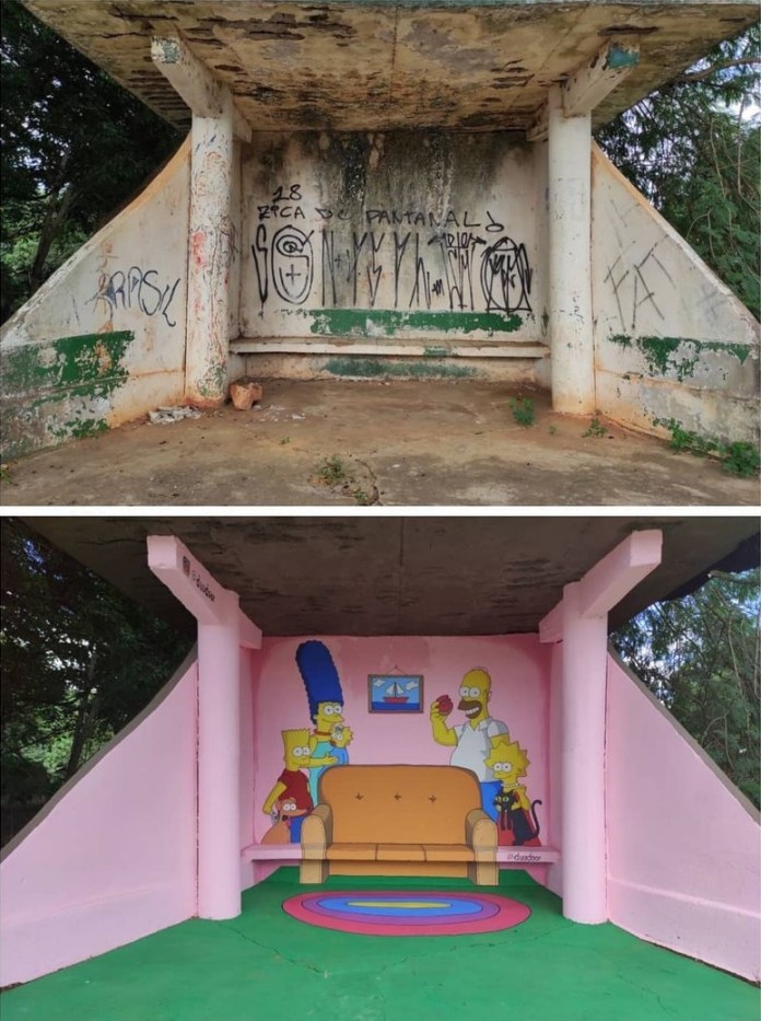 Before-and-after photos of a Brazilian bus stop show its transformation from a graffiti-covered ruin into a painted replica of The Simpsons’ living room, complete with couch, rug, and family members.