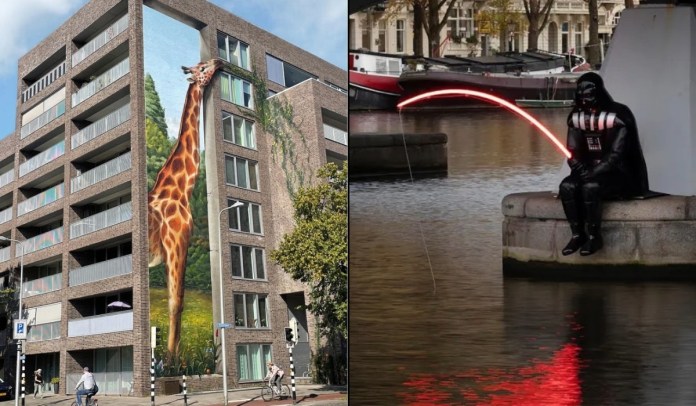 Split image for blog post header. Left: A mural by Jan Is De Man in Utrecht, Netherlands, showing a hyperrealistic giraffe extending its neck up the corner of an apartment building to eat from a balcony garden. Right: A sculpture by Frankey in Amsterdam, Netherlands, depicting Darth Vader sitting under a bridge and fishing with a glowing red lightsaber, its reflection visible in the canal water.
