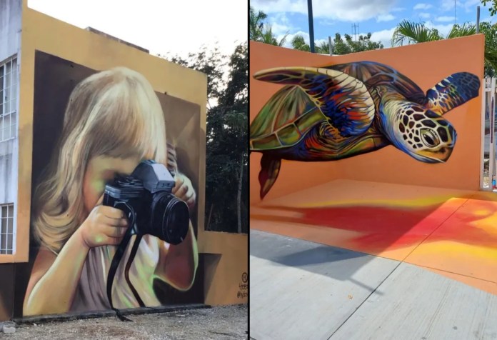 Side-by-side image showing two 3D murals by Hebs Art. On the left, a hyper-realistic painting of a blonde girl holding a DSLR camera covers the corner of a building in Playa del Carmen, Mexico. On the right, a vividly colored sea turtle appears to float mid-air, painted across two walls and the pavement in Akumal, Mexico, with orange and red tones enhancing the illusion.