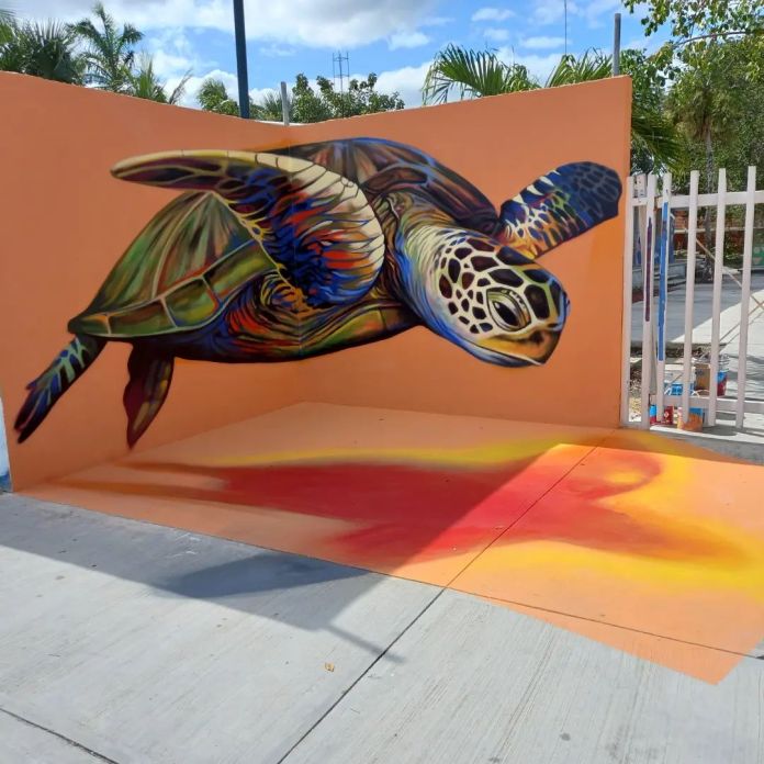 A large-scale 3D mural of a sea turtle by Hebs Art in Akumal, Mexico, with the turtle painted across two orange walls and the pavement. The design uses color depth and shadows to create a floating effect.