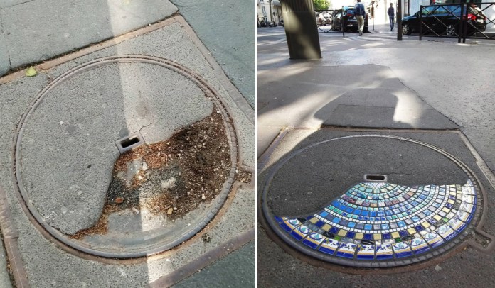 Before-and-after comparison of a manhole cover transformed by Ememem in France. On the left, the damaged cover shows cracks and missing pieces. On the right, the same manhole is repaired with a colorful mosaic design resembling a semicircle fan pattern, featuring shades of blue, white, and yellow tiles. This artwork highlights Ememem’s talent for blending creativity with urban repair.