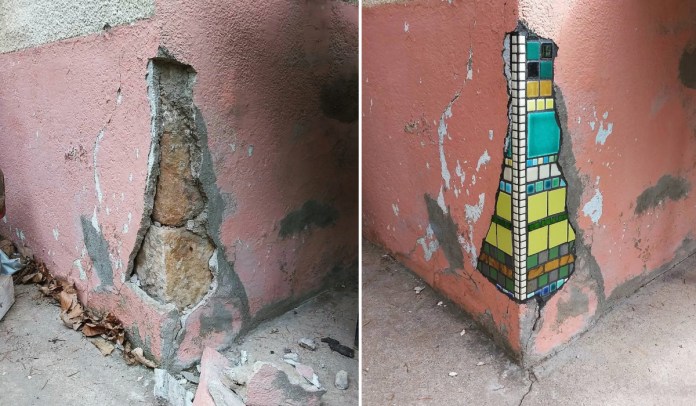 Before-and-after comparison of a cracked wall corner transformed by Ememem. On the left, the damage shows exposed bricks and crumbling plaster on a pink wall. On the right, the same corner is repaired with a vibrant mosaic design in green, yellow, and turquoise tiles, forming a geometric tower-like shape. This creative restoration highlights Ememem’s ability to turn structural imperfections into unique works of art.