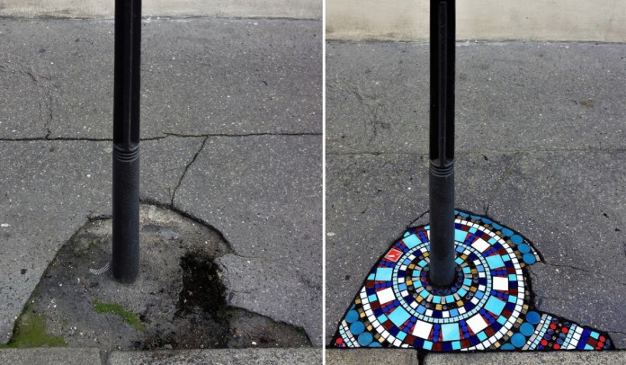 Before-and-after comparison of a mosaic artwork by Ememem in Lyon, France. On the left, a cracked and damaged section of pavement surrounding a streetlamp base, showing wear and moss. On the right, the same area transformed with Ememem’s intricate mosaic design featuring blue, white, and red geometric patterns, bringing vibrant art to a previously neglected urban space.