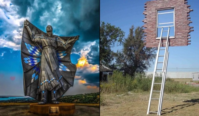 Split image showing two outdoor sculptures. Left: "Dignity" statue in South Dakota, USA, a 50-foot-tall stainless steel sculpture of a Native American woman with arms outstretched, draped in a star quilt of blue and silver diamond panels, set against a dramatic cloudy sky. Right: "Window and Ladder – Too Late for Help" by Leandro Erlich in Montevideo, Uruguay, featuring a floating brick wall fragment with a window and a tall white ladder extending from the ground up to it, placed in a grassy field with trees and an industrial building in the background.