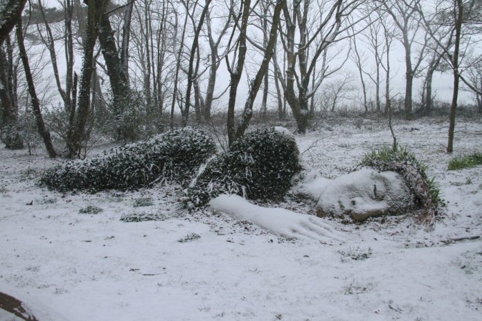 Sculpture of a reclining woman in a forest, covered in moss in snow in Cornwall, UK.