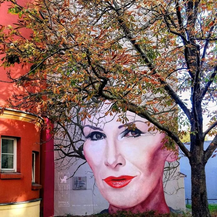 A mural by Bruno Althamer in Warsaw, Poland, depicting Polish singer Kora (Olga Jackowska). The mural features her face with expressive eyes and bright red lips. An autumn tree with orange and brown leaves partially covers the mural, creating a visual effect that makes the branches appear as Kora's hair. The mural is painted on a red building wall, with the tree adding a seasonal atmosphere.