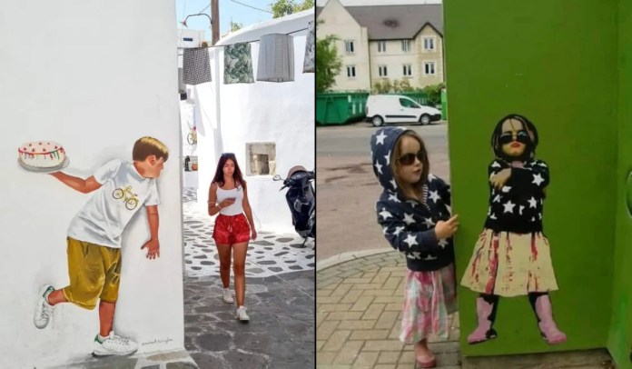 Split image showing two examples of interactive street art. Left: a mural by Michael Tsinoglou in Naxos, Greece depicts a boy holding a cake and hiding behind a white corner wall, appearing to surprise a woman walking past. Right: a young girl in a star-pattern hoodie and pink skirt poses next to a painted version of herself on a green utility box, both wearing sunglasses and matching outfits.
