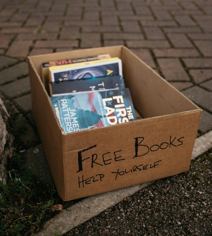 A plain cardboard box filled with paperback novels and labeled “Free Books – Help Yourself” in black marker, placed on the ground beside a brick walkway.