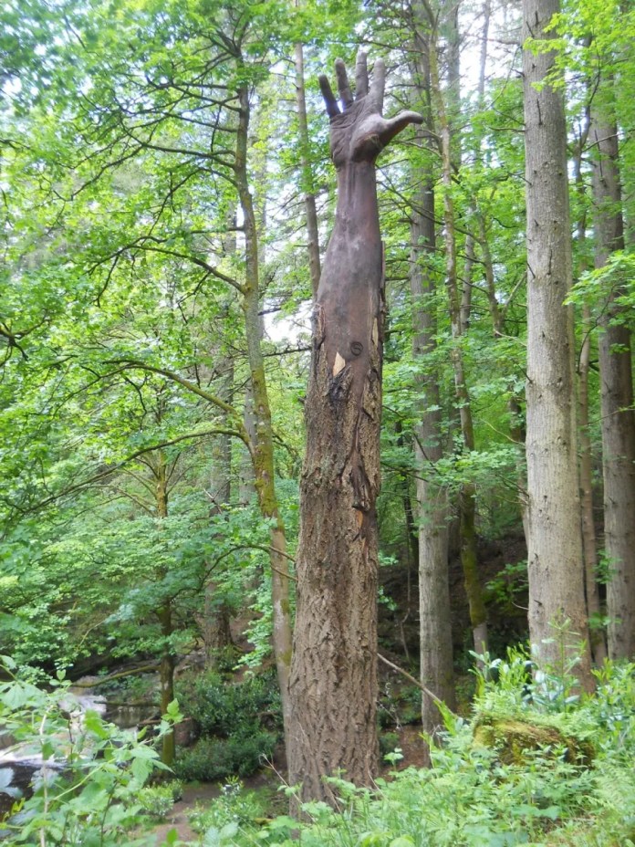 The Giant Hand of Vyrnwy in its entirety, set against a backdrop of the forest and blue sky, inviting visitors to marvel at its scale and symbolism.