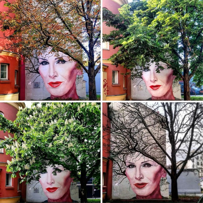 Series of four mural photos showing a woman's portrait painted below a tree in Warsaw, Poland, with the tree serving as changing hair across the four seasons.
