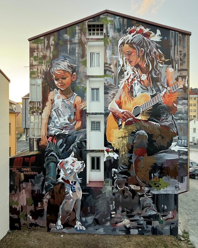 Large mural on a residential building depicting a young boy with a white dog on one side and a woman with long hair playing guitar on the other, painted in a textured, expressive style with earthy tones.
