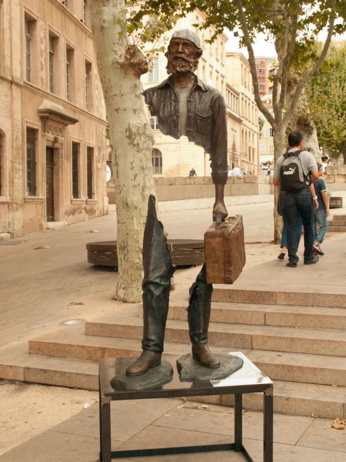 Sculptures by Bruno Catalano from his The Travelers serie.