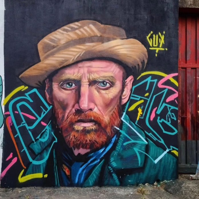 A striking mural by Gud Assis in Belo Horizonte, Brazil, featuring a vivid portrait of Vincent Van Gogh. The artwork captures Van Gogh's intense gaze and iconic straw hat with intricate detail and vibrant colors. The background incorporates bold, graffiti-style lettering in neon tones, merging classical portraiture with contemporary urban art elements.