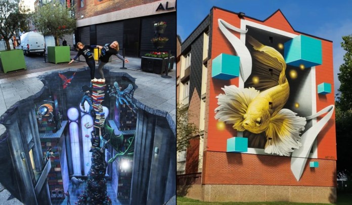 Split image of two 3D street art pieces — on the left, a large pavement painting in Dublin by Joe and Max creates the illusion of a deep library pit filled with stacked books, fairies, and mythical creatures, with two women balancing on top of the tallest stack; on the right, a mural in Abbeville, France by Sebastien “Sweo” and Nikita shows a lifelike yellow betta fish swimming out of a painted frame, surrounded by floating blue cubes and glowing yellow orbs.