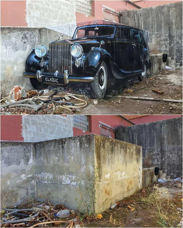 Photorealistic street art of a vintage black Rolls-Royce painted on a large concrete block, blending seamlessly with the surrounding environment.