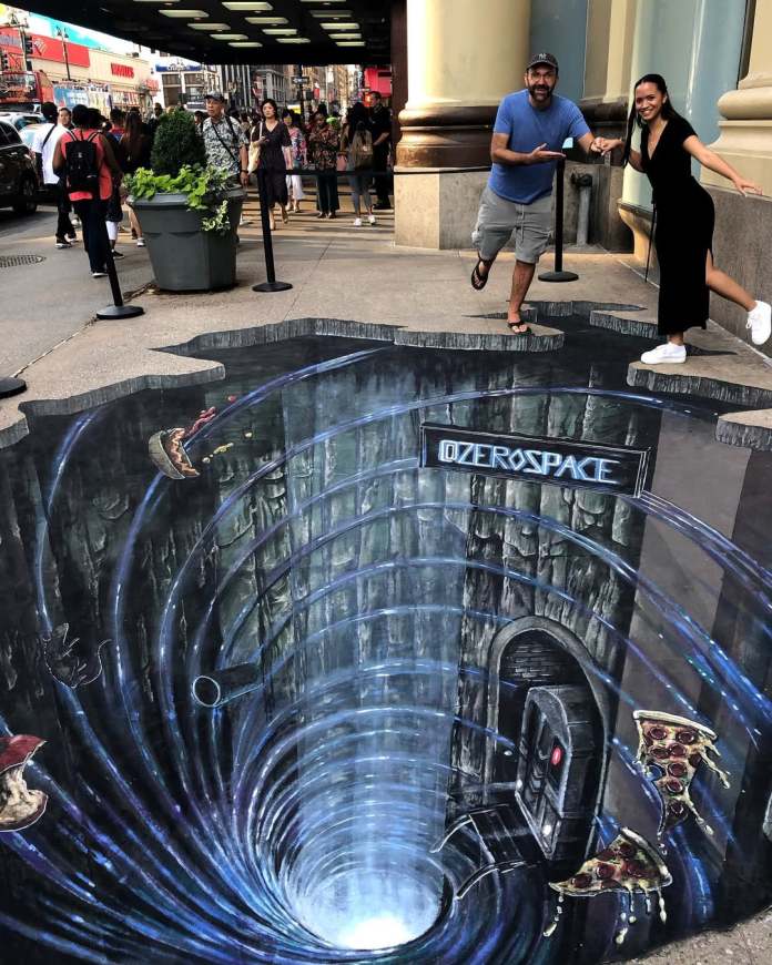 3D illusion titled “ZeroSpace Vortex” showing a deep circular vortex painted onto the sidewalk with a glowing center, floating pizzas, and a sci-fi-style door labeled “ZeroSpace.”
