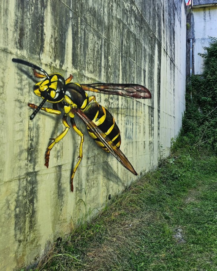 3D mural by Odeith of a large yellow and black wasp painted on a weathered, mossy concrete wall outdoors. The illusion of the insect’s body casting shadows makes it appear as if the wasp is hovering slightly off the wall, surrounded by overgrown grass and vegetation.