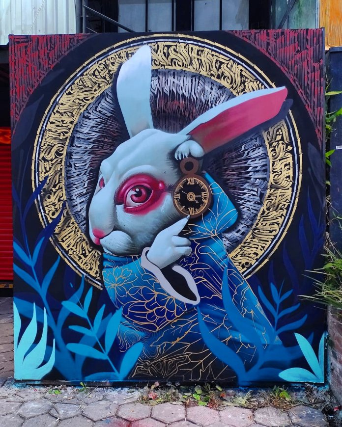 A mural of a stylized white rabbit with pink eyes and a blue robe, holding a small clock to its ear. The background is decorated with gold and dark blue patterns.