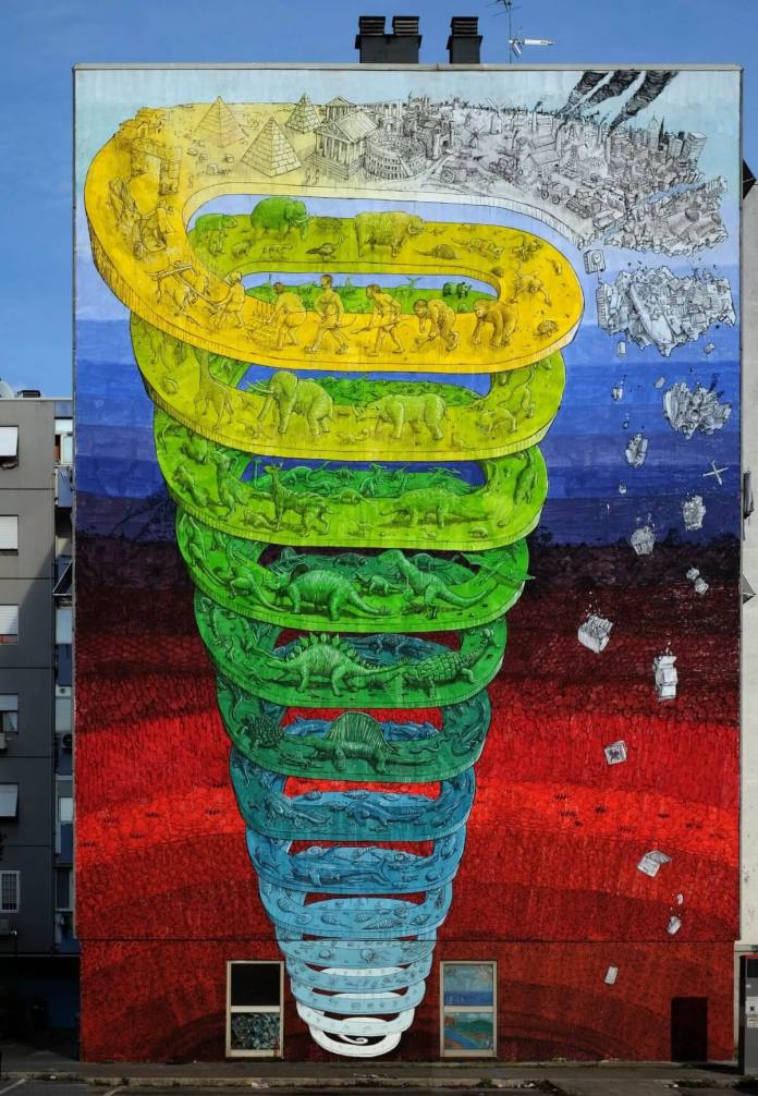 A monumental mural titled "SPIRALE" by street artist Blu, located at Casa Dei Pazzi in Rome, Italy. The artwork depicts a massive spiraling timeline of life on Earth, moving from prehistoric marine creatures at the bottom to dinosaurs, mammals, and early human evolution in the middle, and ending with modern civilization at the top. The top layers show industrialization, war, and environmental destruction, transitioning into chaos and pollution spilling off the mural. The vivid colors—red, green, yellow, and blue—enhance the visual storytelling of Earth's history and the destructive trajectory of humanity. A powerful reflection on progress and its consequences.