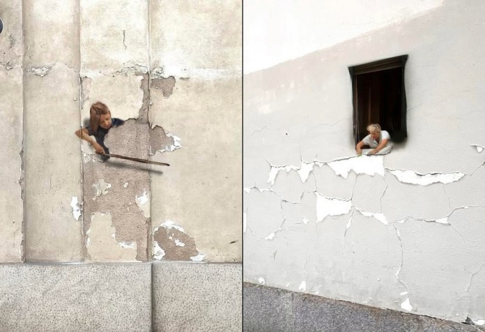 Header image showing two street art pieces by Golsa Golchini in Milan. On the left, a girl is painted emerging from a cracked wall, holding a bow and miming the act of playing a Double Bass formed by peeling plaster. On the right, a woman leans from a real window, hanging laundry made from the cracked and flaking paint on the wall below, blending the artwork seamlessly with the surface decay.
