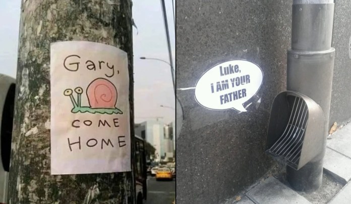 Split image showing two humorous urban signs. On the left, a flyer taped to a tree features a cartoon drawing of Gary the Snail from SpongeBob SquarePants with the handwritten message “Gary, Come Home.” In the background, there are buildings and a busy city street. On the right, a street vent pipe is made to resemble Darth Vader with a speech bubble sticker on the wall reading “Luke, I AM YOUR FATHER,” referencing the famous Star Wars quote.