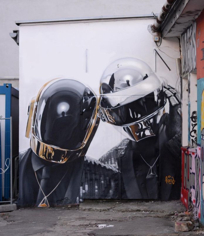 Highly detailed mural of Daft Punk duo wearing reflective helmets painted with meticulous attention to reflections and shadows.