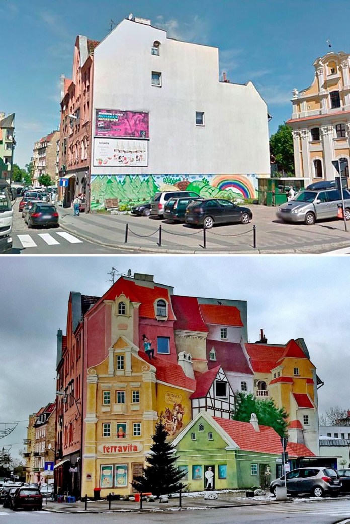 A side-by-side comparison of a plain building wall in Poznań and its transformation into a vivid mural showing a fictional European village with colorful rooftops, painted windows, and a man climbing a wall.